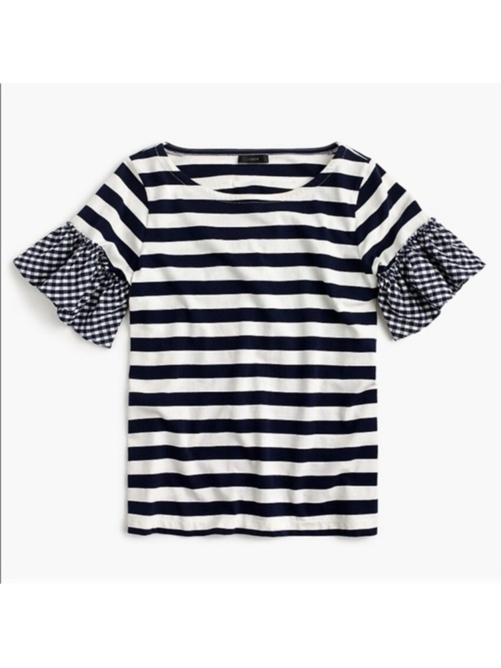 J. Crew Navy and White Striped Ruffle Sleeve Tee 💯% Cotton